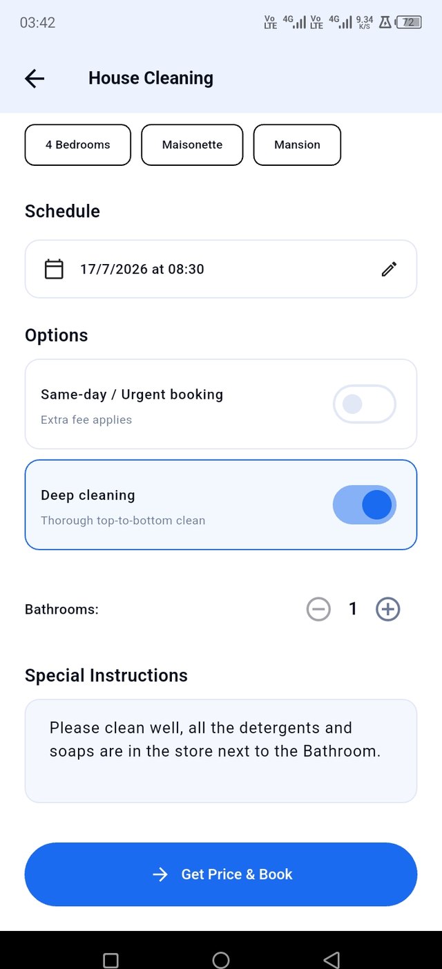 SafiLink house cleaning booking screen with schedule and deep cleaning option