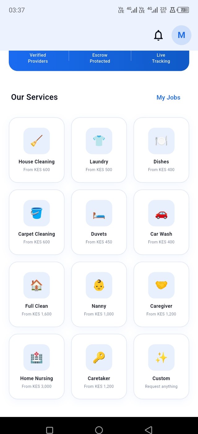 SafiLink client home screen showing service categories like house cleaning, laundry and car wash
