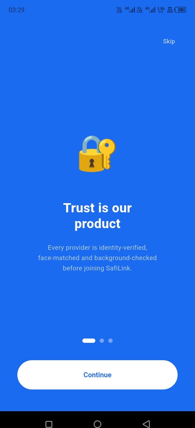 SafiLink onboarding screen reading Trust is our product