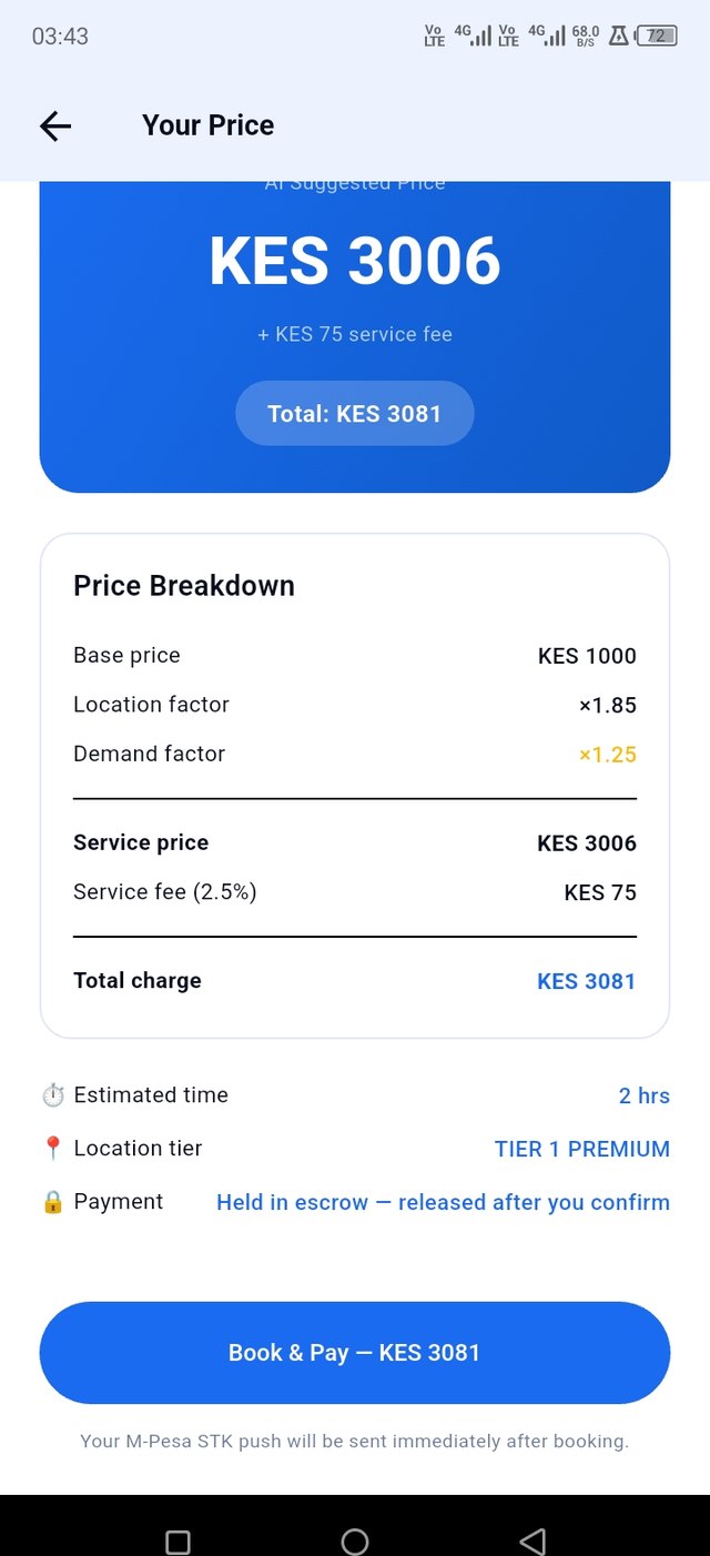 SafiLink price breakdown screen showing base price, location factor and total charge