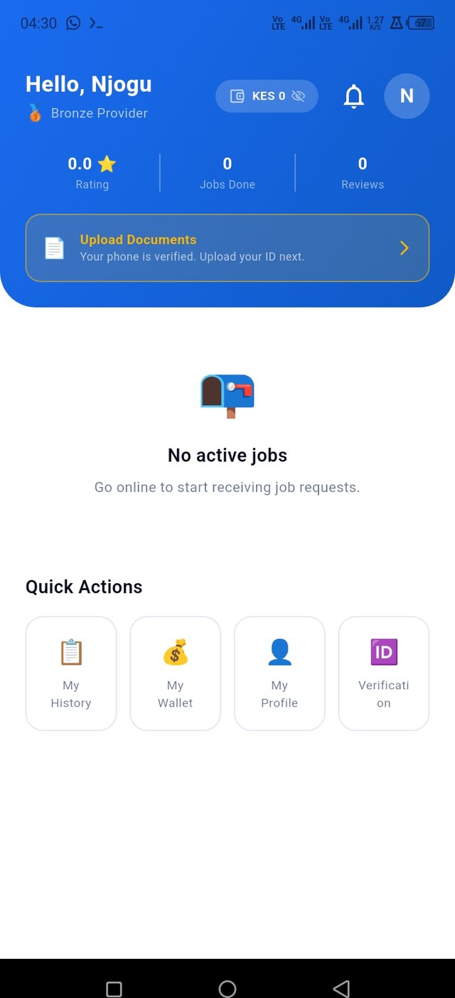 SafiLink provider dashboard showing rating, jobs done and quick actions