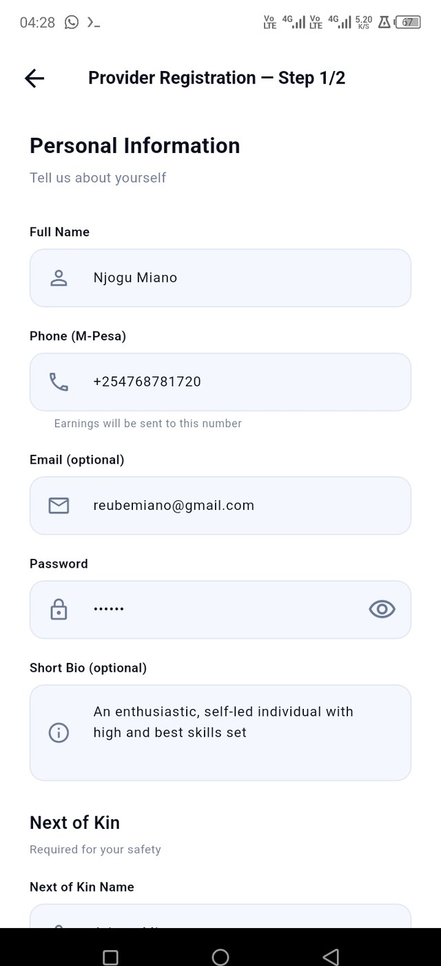 Provider registration screen