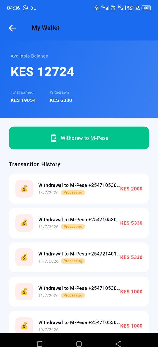 SafiLink provider wallet screen showing available balance and withdraw to M-Pesa
